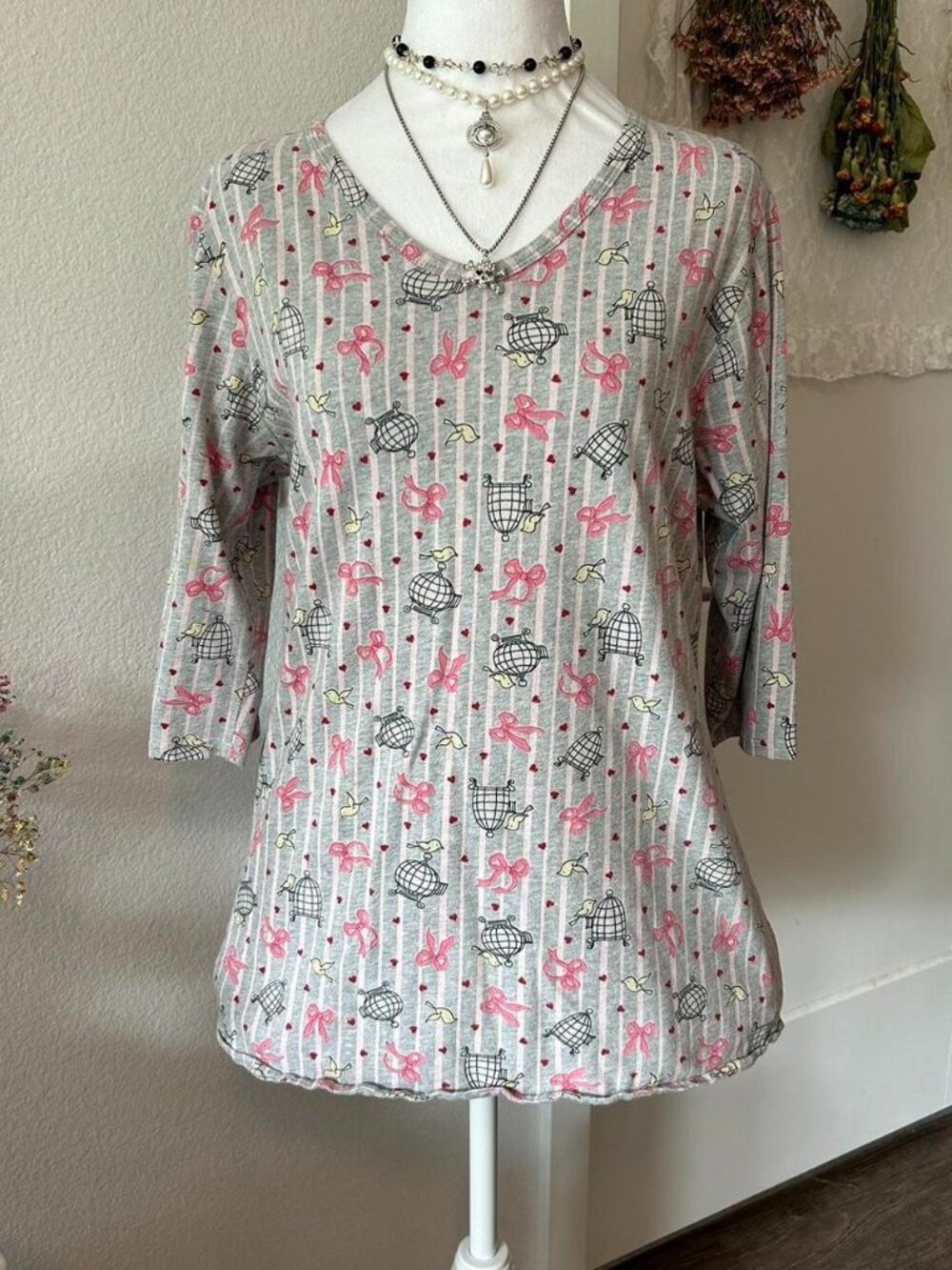 Adonna Gray and Pink Striped 3/4 Sleeve Top